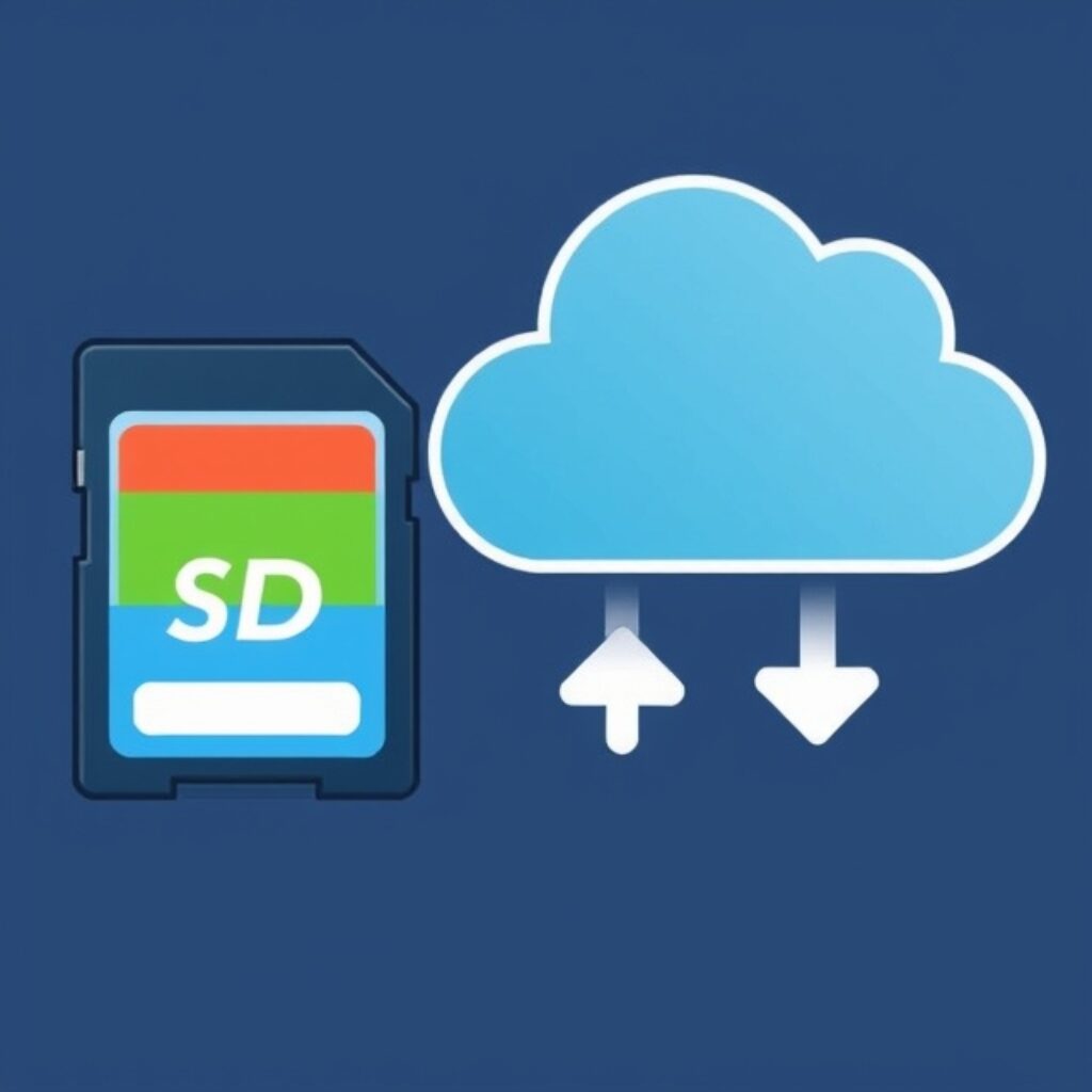 Una tarjeta SD y una nube digital simbolizando opciones de almacenamiento.