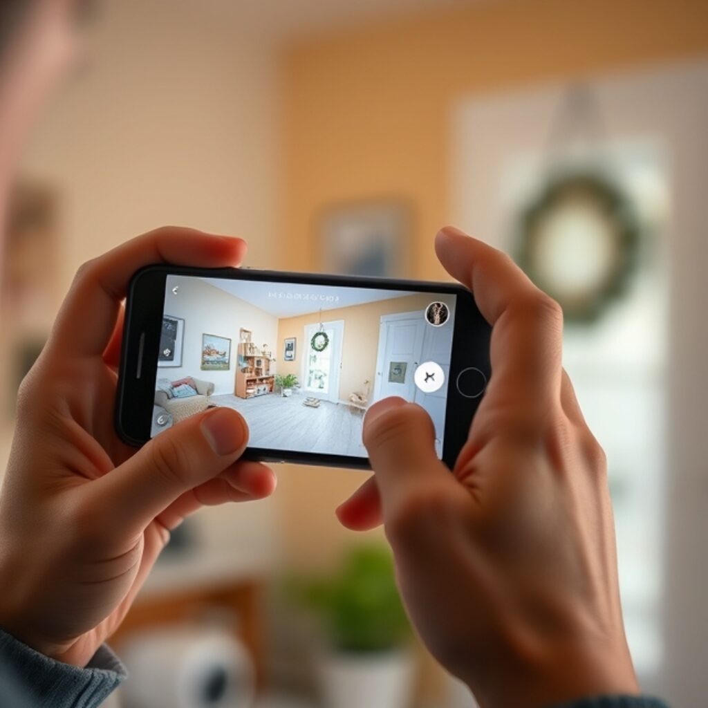 Una persona sosteniendo un smartphone, viendo una transmisión en vivo de una cámara de seguridad en un hogar