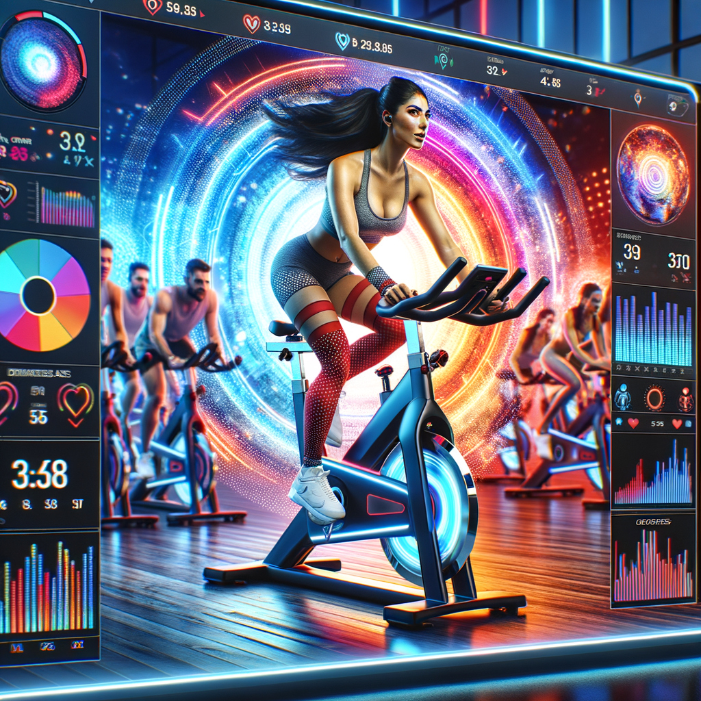 Vista de la interfaz de una plataforma virtual de spinning. En la pantalla se ve a un instructor motivando a los participantes mientras gráficos detallados acompañan la clase. La escena está ambientada en un entorno de gimnasio virtual dinámico y colorido.