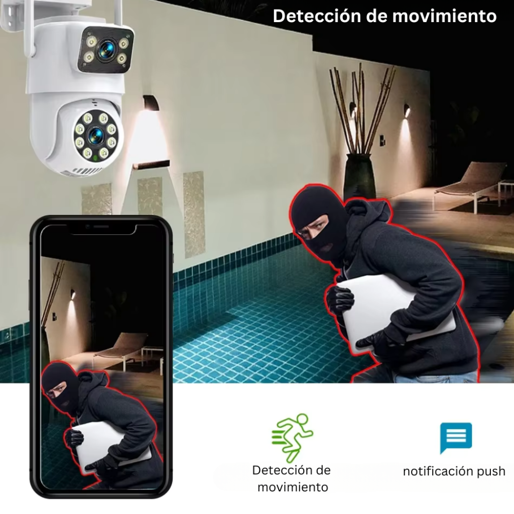 Una escena de una cámara de seguridad identificando un rostro o diferenciando entre personas y objetos, con alertas emergentes en una aplicación móvil