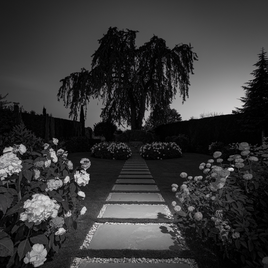 Vista de un jardín trasero por la noche capturada con visión nocturna, mostrando detalles claros en blanco y negro.