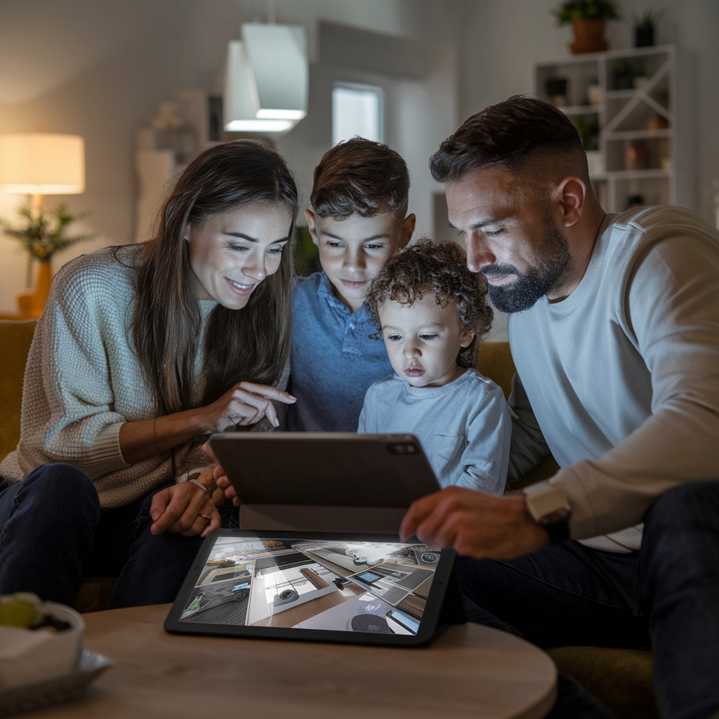 Una familia observando las imágenes de una cámara de vigilancia desde una tablet