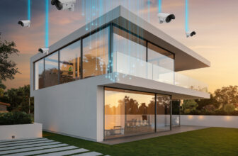 Una casa moderna con cámaras de videovigilancia en las esquinas, conectadas a una nube digital visible con líneas de conexión, rodeada de iconos tecnológicos que representan seguridad y monitoreo inteligente