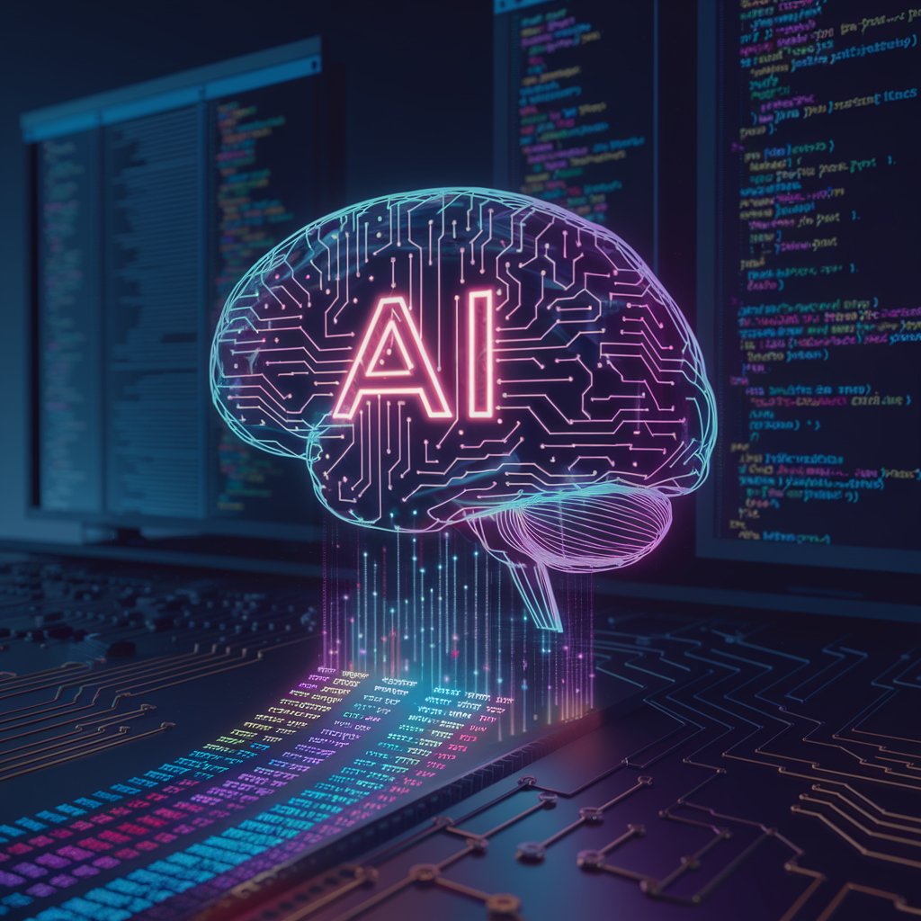 Representación conceptual de la inteligencia artificial en programación, con un cerebro digital conectado a líneas de código.