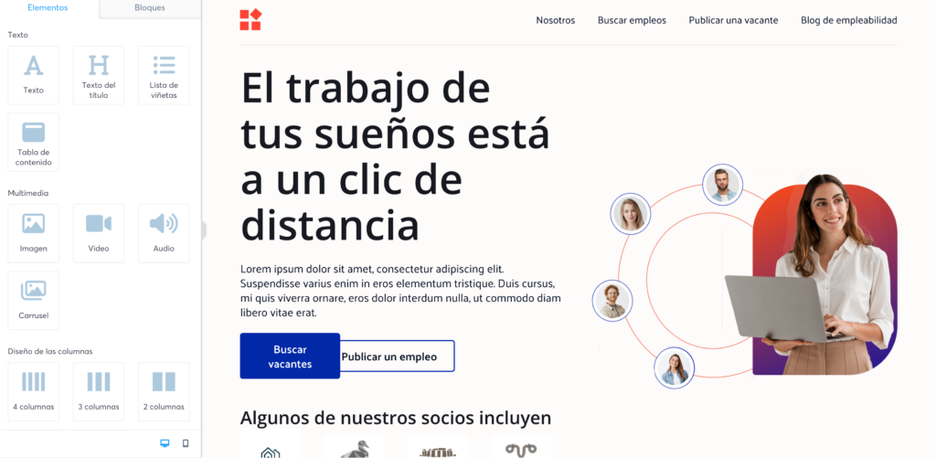 Una vista del editor de páginas de Systeme.io, mostrando herramientas de personalización.