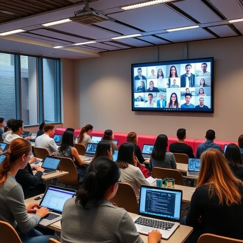  Estudiantes en un aula colaborando en dispositivos mientras otros participan desde casa a través de videoconferencias en una pantalla grande.