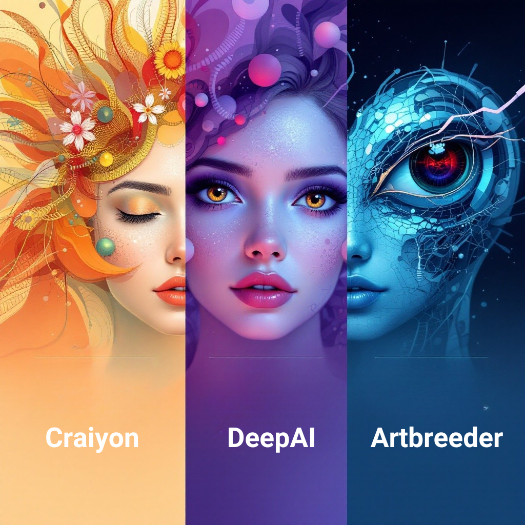 Comparison of Craiyon, DeepAI, and Artbreeder showcasing abstract, artistic, and character design strengths in a clean blog layout