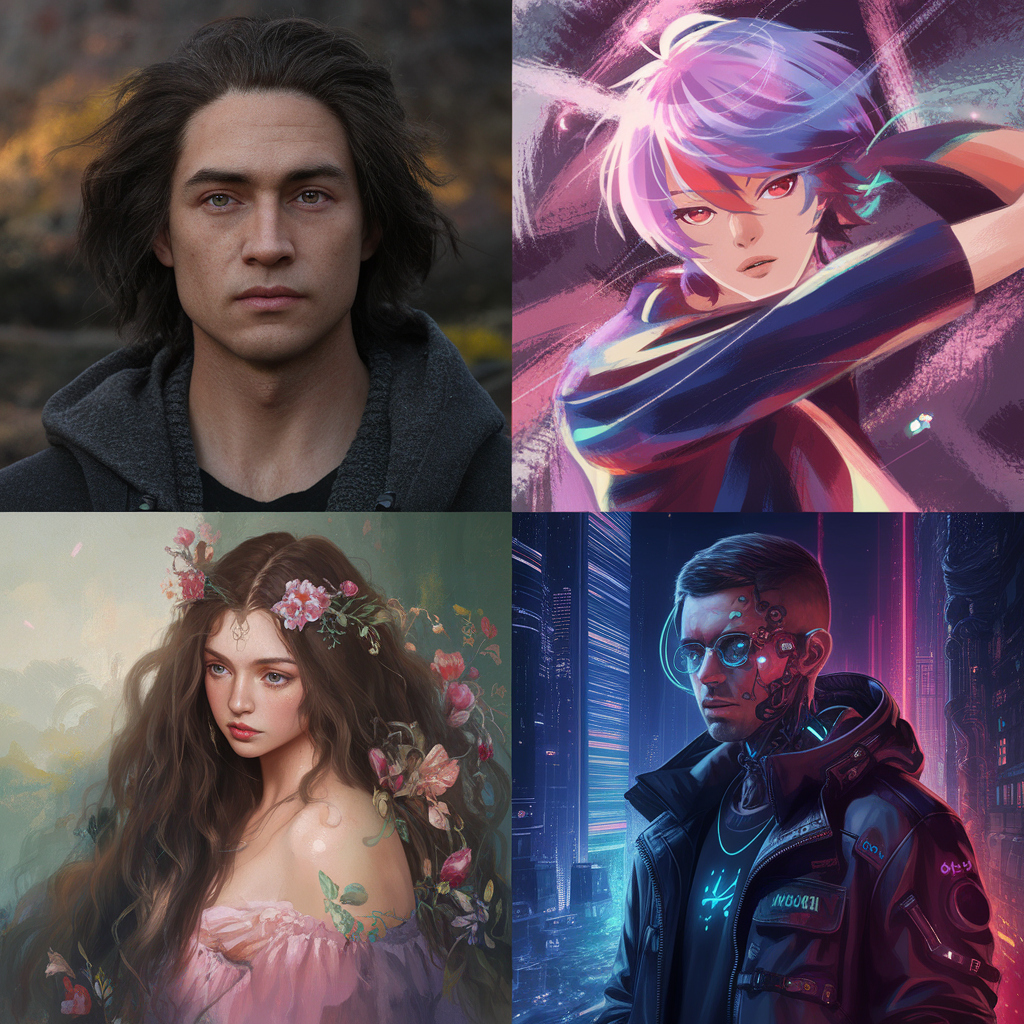 Ejemplos de imágenes generadas con MidJourney en estilos realista, anime, digital painting y cyberpunk.