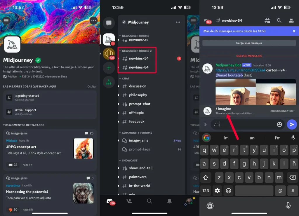 Interfaz de Discord con el bot de MidJourney activo, mostrando el comando /imagine y generación de imágenes con IA.