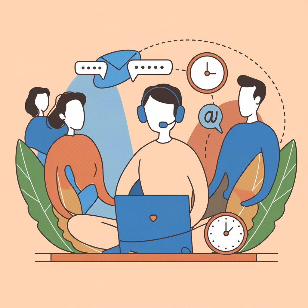 Illustration of Systeme.io customer care service featuring a friendly support agent with a headset, chat bubbles, and icons symbolizing responsive and reliable assistance.