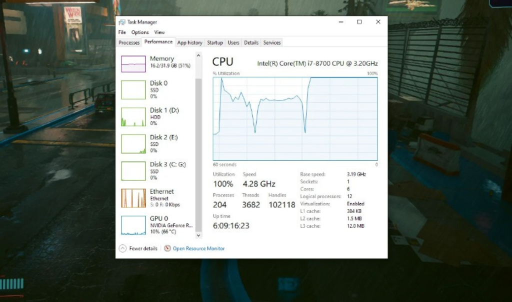 Pantalla de computadora mostrando el Administrador de Tareas con alto uso de CPU y GPU. Se destacan aplicaciones que consumen muchos recursos.