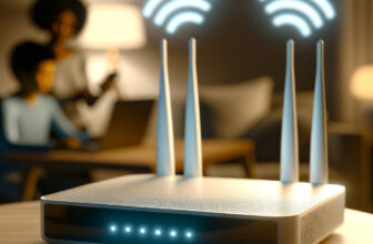 Router moderno en un hogar elegante con ondas WiFi visibles, simbolizando una conexión rápida y estable. Familia usando dispositivos con Internet fluido.
