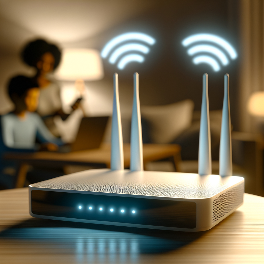 Router moderno en un hogar elegante con ondas WiFi visibles, simbolizando una conexión rápida y estable. Familia usando dispositivos con Internet fluido.