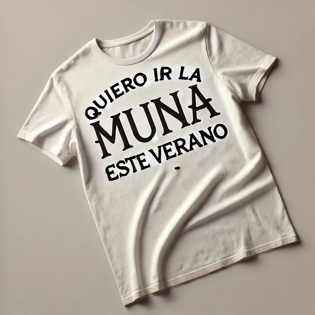 Ejemplo de error en texto generado por IA en una camiseta. El diseño intenta mostrar la frase 'Quiero ir a la luna este verano', pero el texto aparece distorsionado como 'Quieroo IR LA MUNA ESTE VERANO