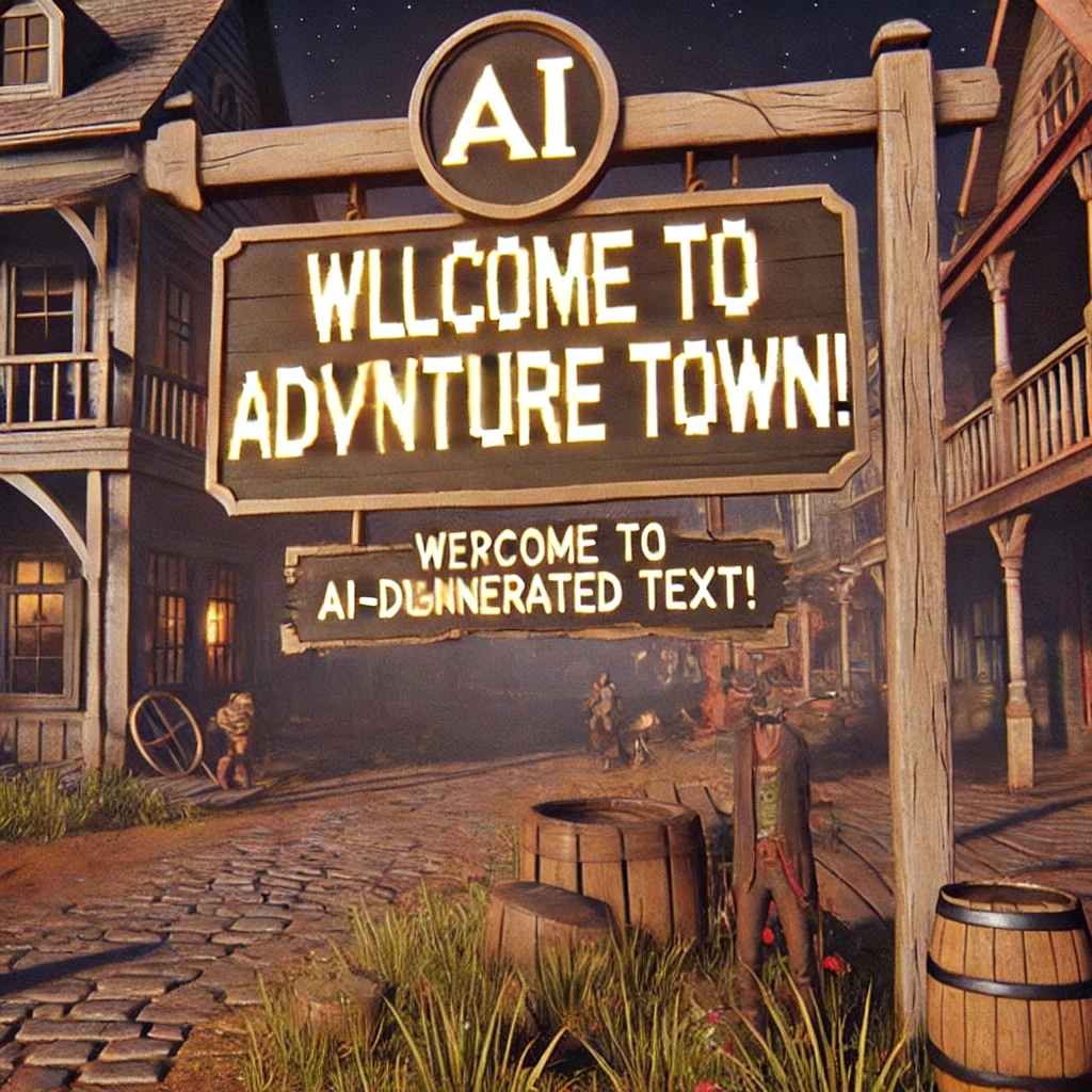 Captura de pantalla de un videojuego con un cartel dentro del juego. El letrero debería decir 'Welcome to Adventure Town!', pero aparece con un texto distorsionado como 'Wlcome to Advnture Twn!', resaltando errores en la generación de texto por IA