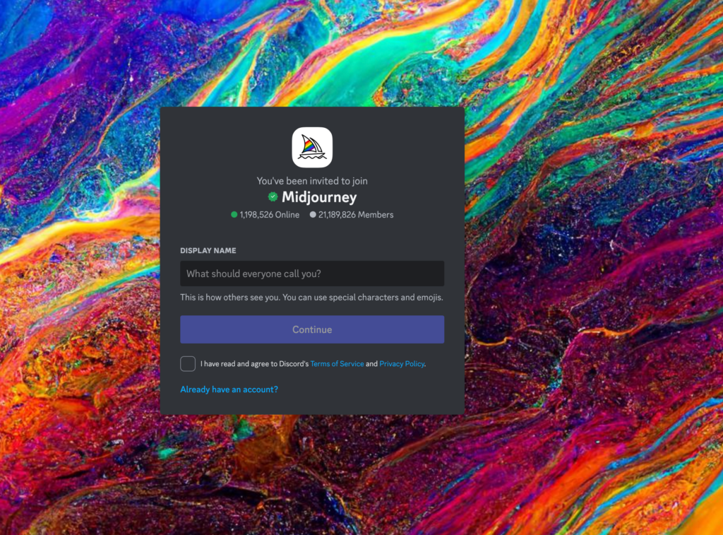 Captura de pantalla de la página de invitación al servidor de MidJourney en Discord, mostrando el enlace oficial para unirse a la comunidad y comenzar a generar imágenes con IA