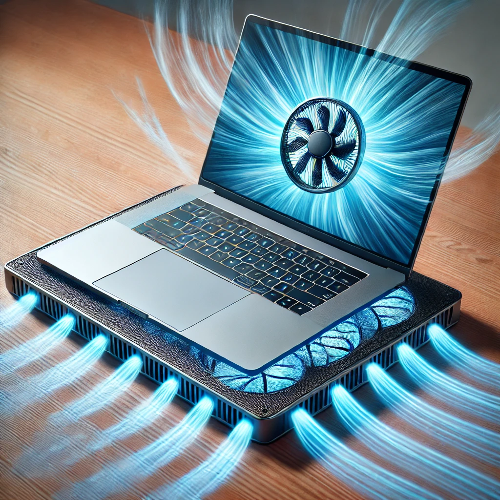 Laptop colocada sobre una base de refrigeración con ventiladores activos. El flujo de aire azul indica el enfriamiento, con la pantalla del portátil clara y sin obstrucciones."