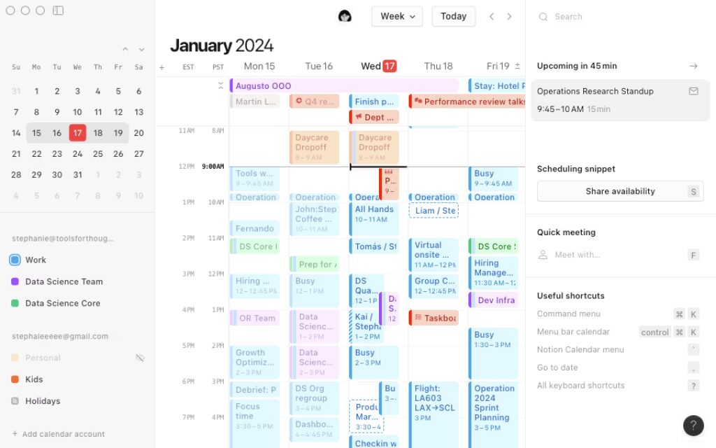 Interfaz de Notion Calendar mostrando un calendario con eventos organizados y sincronización con Google Calendar. Herramienta de productividad para la gestión del tiempo.