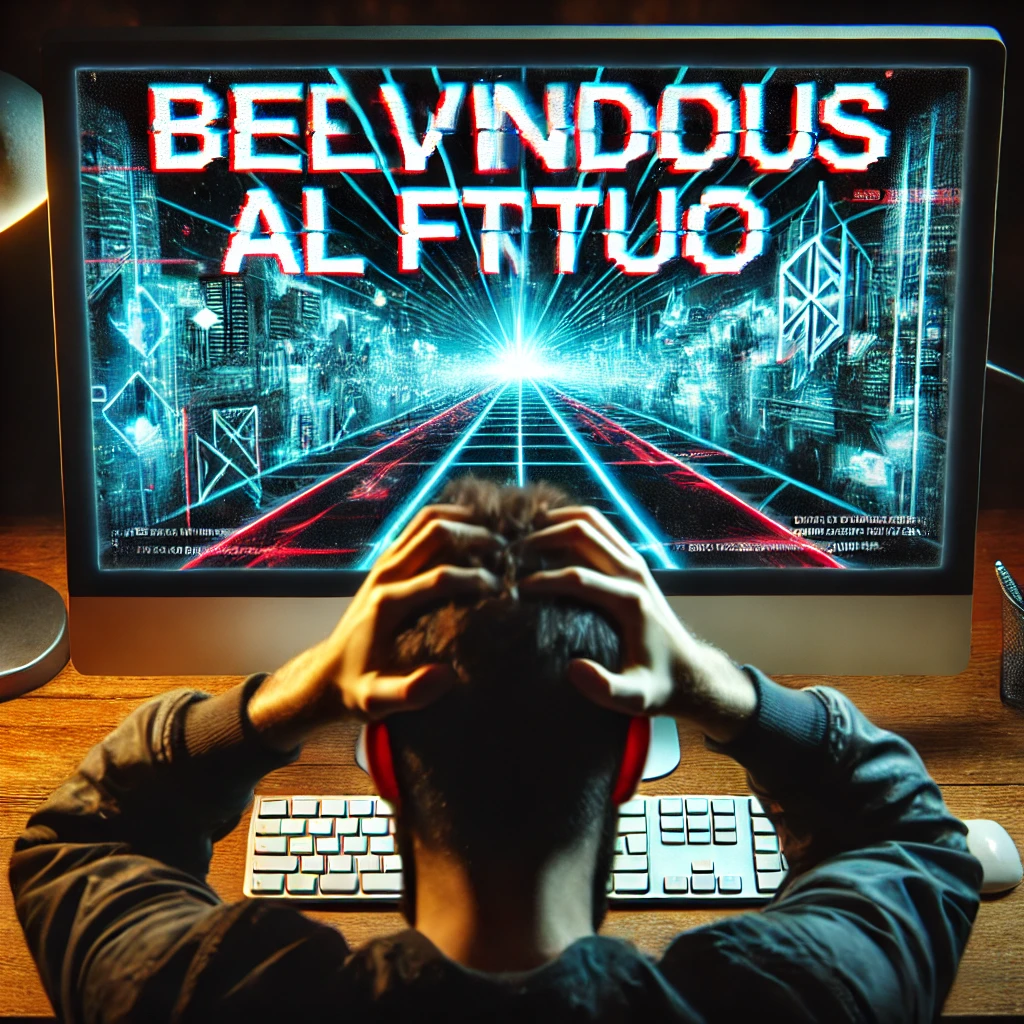 Persona frustrada sosteniéndose la cabeza mientras mira una pantalla con una imagen futurista generada por IA y un texto distorsionado que dice "Bielvndous al ftrtuo" en lugar de "Bienvenidos al futuro