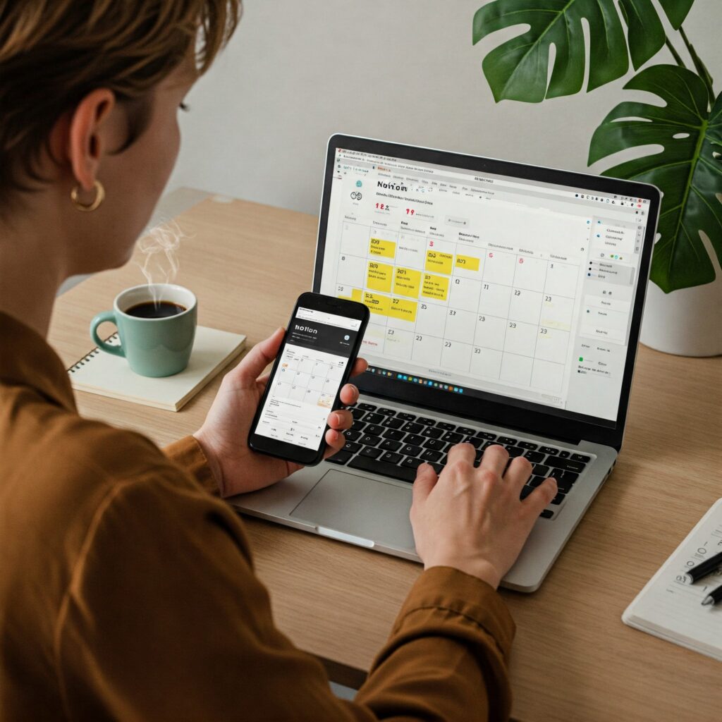 Persona usando Notion Calendar en una laptop y smartphone para planificar su agenda diaria y gestionar tareas. Aplicación para mejorar la organización y productividad