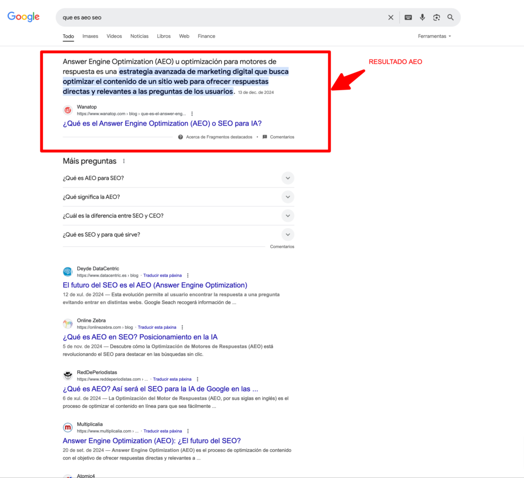 Ejemplo de AEO en motores de búsqueda con respuestas directas en Google.
