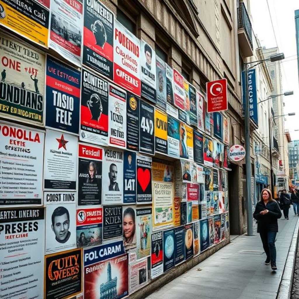 Imagen altamente realista de una pared urbana cubierta de carteles publicitarios en una calle concurrida. Aunque la escena parece auténtica, los textos en los carteles están distorsionados e ilegibles, reflejando los errores comunes en la generación de texto por IA